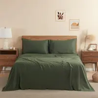 OEM Ensemble de literie en lin, taille queen, 4 pièces, couleur olive, 170 g/m²