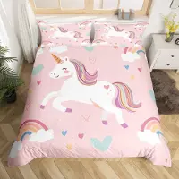 OEM Ensemble de literie King Size "Licorne", motif cœur arc-en-ciel, 3 pièces