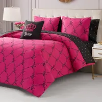 OEM Ensemble de literie pour lit simple, 6 pièces, avec motif logo, en polyester, rose vif/noir