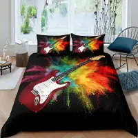 OEM Ensemble de literie King Size, motif guitare, arc-en-ciel, 3 pièces