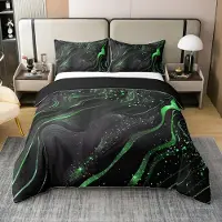 OEM Ensemble de draps pour lit double, motif marbre, noir, vert, avec des paillettes