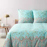 OEM Ensemble de draps en satin, motif "Roses indiennes", couleur turquoise, dimensions : 155x220 cm + 80x80 cm