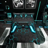 OEM Ensemble de draps pour lit king size, motif gamer, avec motif de manette de jeu, couleur bleue