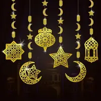 OCreon Décorations suspendues pour l'Aïd, 6 pièces, étoiles et lunes dorées pour le Ramadan, lanternes décoratives pré-attachées