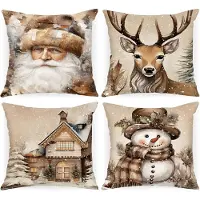 OCreon Housses de coussin de Noël, 40 x 40 cm, lot de 4. Housse de coussin décorative de Noël, style vintage, idéale pour décorer un bureau, un salon, une chambre, un canapé ou un lit en hiver