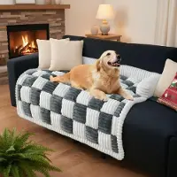 LiveGo Coussin de lit pour chien, housse en peluche, lavable, bleu-gris, 90 x 90 x 13 cm