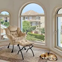 Selius Fauteuil avec repose-pieds - Fauteuil relax - Fauteuil télé - Fauteuil à oreilles - Couleur kaki - Structure en bambou, revêtement en coton - Avec poche latérale