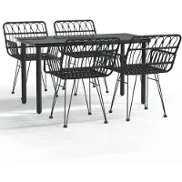 Selius Table de jardin en résine tressée "rotin" - 140 cm - Noire - Résistante aux intempéries - Plateau en verre - Pour 4 personnes