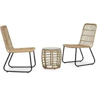 Selius Ensemble de jardin 3 pièces, imitation bois, en résine tressée, avec table en verre