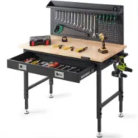 Selius Table de travail - Table de travail en bois - Établi - Établi avec panneau perforé - Hauteur de travail réglable
