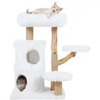 FANTASK , arbre à chat en bois, 93 cm de hauteur, avec une cachette pour chat à deux étages et une plateforme en peluche