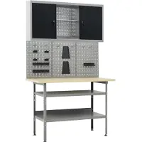 Selius Table de travail - Table d'atelier - Banc de bricolage - Banc d'atelier avec rangement - Banc d'atelier gris pour garage - Trois panneaux muraux