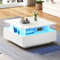 Selius Table basse – Table d'appoint – Table de salon – Table d'angle – Deux tiroirs – Finition blanche brillante – Avec éclairage LED