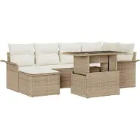 Selius Canapé modulaire d'extérieur, composée de résine tressée résistante aux intempéries, avec table en verre – couleur beige et blanc
