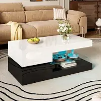 Selius Table basse LED - Noir et blanc brillant - 90x45x35,5 cm - En verre et bois - Meuble pour salon