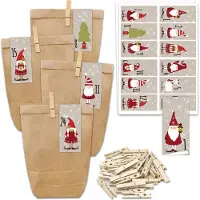 OCreon Calendrier de l'Avent à remplir - 24 petits sacs cadeaux et 24 autocollants et clips numérotés - Motifs : autocollants aux formes géométriques - Père Noël - À remplir et à décorer