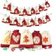 OCreon Calendrier de l'Avent à remplir, en tissu, avec 24 décorations de Noël (6 couleurs x 4), des autocollants de Noël et du cordon. Idéal pour l'emballage de cadeaux de Noël