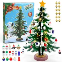 OCreon Calendrier de l'Avent 2026 - Sapin de Noël en bois avec 36 décorations et guirlande lumineuse LED - Compte à rebours de 24 jours - Mini-sapin - Décoration de table