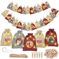 OCreon Calendrier de l'Avent à remplir - 24 petits sacs en jute avec des pinces - Guirlande lumineuse - Calendrier de Noël à remplir