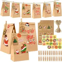 OCreon Calendrier de l'Avent à remplir - 24 petits sacs en papier pour calendrier de l'Avent, avec des autocollants numérotés et des clips - Sacs cadeaux pour Noël 2024