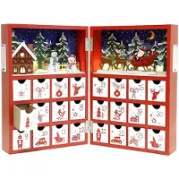 OCreon Calendrier de l'Avent en bois "PE Kerst", avec tiroirs et éclairage LED - Calendrier de l'Avent réutilisable avec scène de village, idéal pour la décoration intérieure, pour adultes et enfants