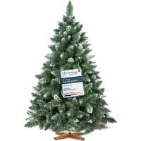 FairyTrees Sapin de Noël Artificiel 150cm | Arbre de Noël avec Support en Bois | PIN ENNEIGÉ Blanc Naturel | EU
