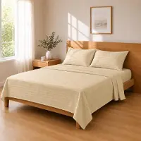 OCreon Ensemble de draps en microfibre, dimensions : 240x250 cm / 180x200 cm + 25 cm / 50x80 cm x 2, couleur champagne beige