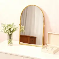 OCreon Miroir métallique doré - Table de maquillage - Bureau - Forme en arc - Maquillage - Miroir de salle de bain - Pivotant - Encadré - Miroir sur pied - Réglable à 90 degrés