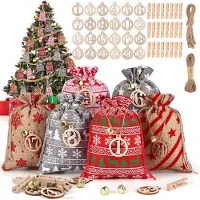 OCreon Calendrier de l'Avent à remplir soi-même et à suspendre - Calendrier de l'Avent fait maison - Petits sacs en tissu avec des pinces en bois - Corde en chanvre