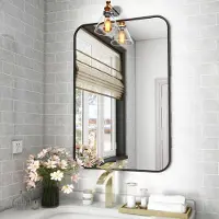 Koonmi Miroir mural de 51 x 71 cm, avec des coins arrondis, cadre en aluminium noir, adaptable pour une installation horizontale ou verticale