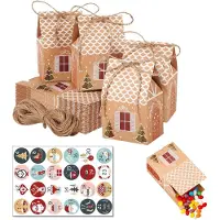 OCreon Calendrier de l'Avent de Noël - Coffret de 24 pièces - Petites maisons en papier (10,5 x 7 x 5 cm) avec cordon et feuille de stickers