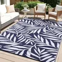 Smiry Tapis d'extérieur, motif feuilles, résistant aux intempéries, 270x360 cm, bleu marine et blanc