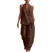 Merkloos Elzusha - Ensemble estival en tweed pour femmes, comprenant un haut à encolure plongeante et un pantalon à jambes larges