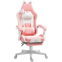 Selius Fauteuil de jeu avec oreilles de chat – Fauteuil de jeu ergonomique avec repose-pieds et dossier réglable – Rose et blanc