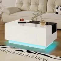 Selius Table basse réglable - blanche avec des accents noirs - finition brillante avec éclairage LED