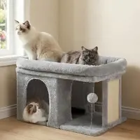 OCreon Arbre à chat - 35 cm - avec un grand couchage - maison pour chat et balle en peluche - gris clair