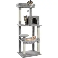 OCreon Arbre à chat pour grands chats - 143 cm de hauteur - stable, avec maisonnette et hamac - gris