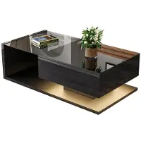 Selius Table basse - Noir brillant avec plateau en verre et éclairage d'ambiance - Compartiment de rangement et design moderne
