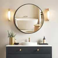 OCreon Miroir rond noir de 40 cm, à suspendre ou à fixer avec adhésif, miroir de salle de bain moderne avec cadre en aluminium, miroir mural en verre HD
