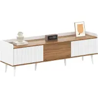 Fortuna Console TV moderne avec 3 portes, armoire basse en blanc et bois naturel, 160 x 39 x 49.5 cm