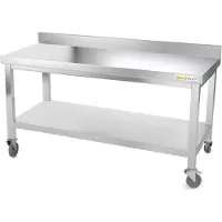 GOLDINOX Table de travail en inox soubassement 1500 x 500 mm adossée sur roulettes PREMIUM -