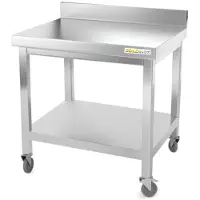 GOLDINOX Table de travail en inox soubassement 600 x 500 mm adossée sur roulettes PREMIUM -