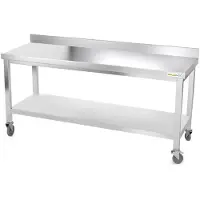 GOLDINOX Table de travail en inox 2000 x 500 mm adossée sur roulettes PREMIUM -