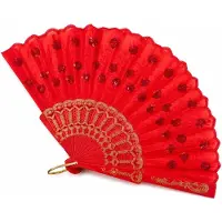 OEM Éventails - En plastique et polyester - Pour événements d'été - 23 cm en position fermée, 42 cm ouverts - 118 sequins rouges