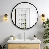 Merkloos Omgoods - Grand miroir de salle de bain rond, diamètre 70 cm, noir avec cadre en aluminium