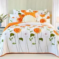 Merkloos Couverture de lit queen size, réversible, motif dahlias orange, 3 pièces, pour chambre à coucher