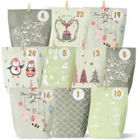 Sonstiges Calendrier de l'Avent à remplir, coffret 2026, comprenant 24 sachets en papier, des attaches en bois, du fil de jute, une feuille d'autocollants, dimensions : 21,5 x 17 cm, couleur : vert