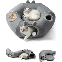 Merkloos Tunnel pour chat XXL, en lin, gris foncé, pliable, avec un espace de repos, deux entrées, pour chat