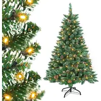 UISEBRT Arbre de Noël artificiel avec éclairage 120cm LED Arbres de Noël Sapin de décoration avec guirlande lumineuse et support Vert PVC avec effet neige & pommes de pin