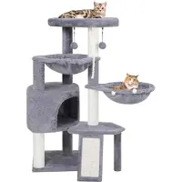 Merkloos Arbre à chat tour à chat - Avec niche et deux hamacs - Peluche grise - Griffoirs en sisal